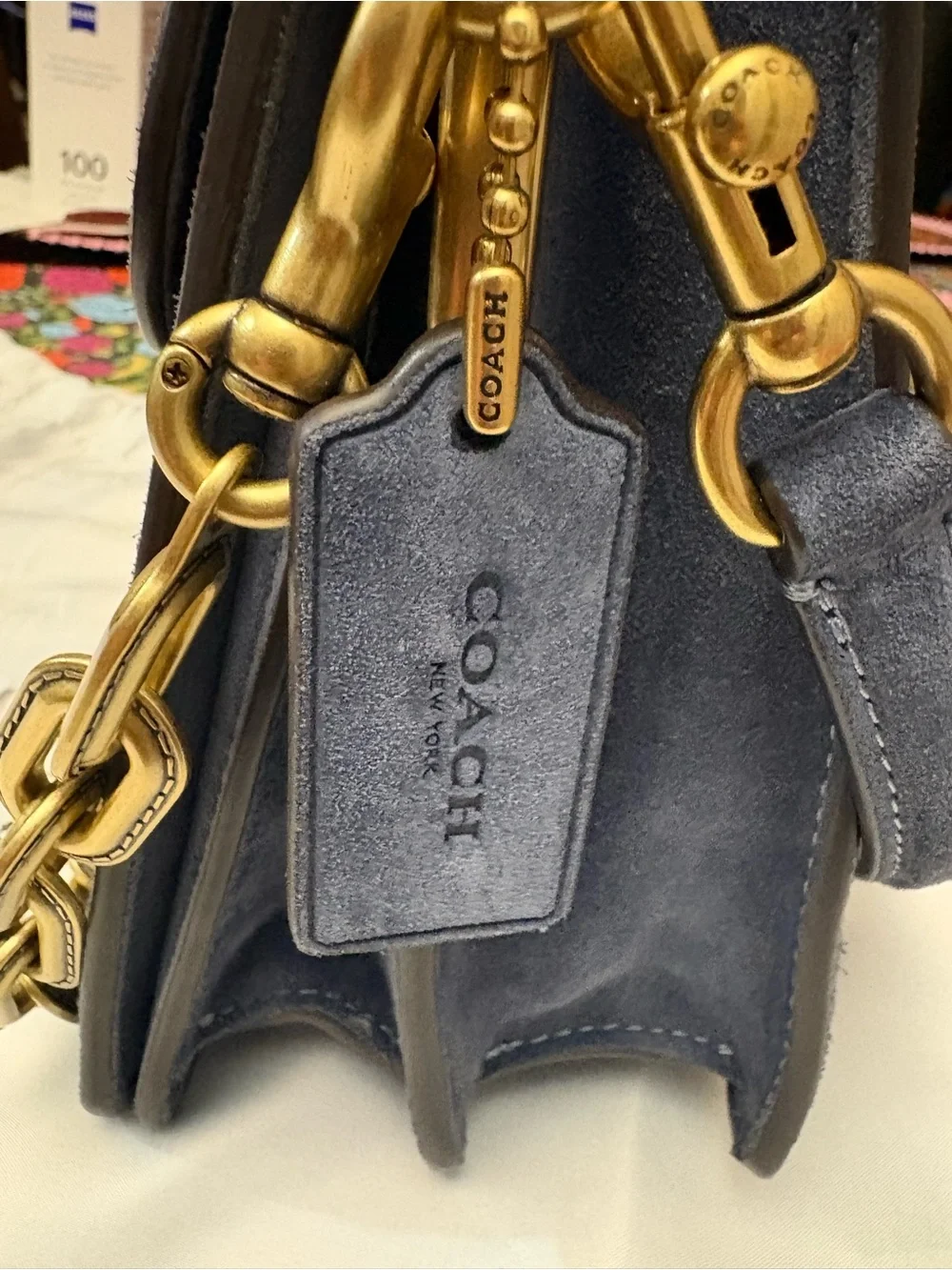 Coach Suede Chain Tabby Shoulder Bag in Navy with Gold Hardware